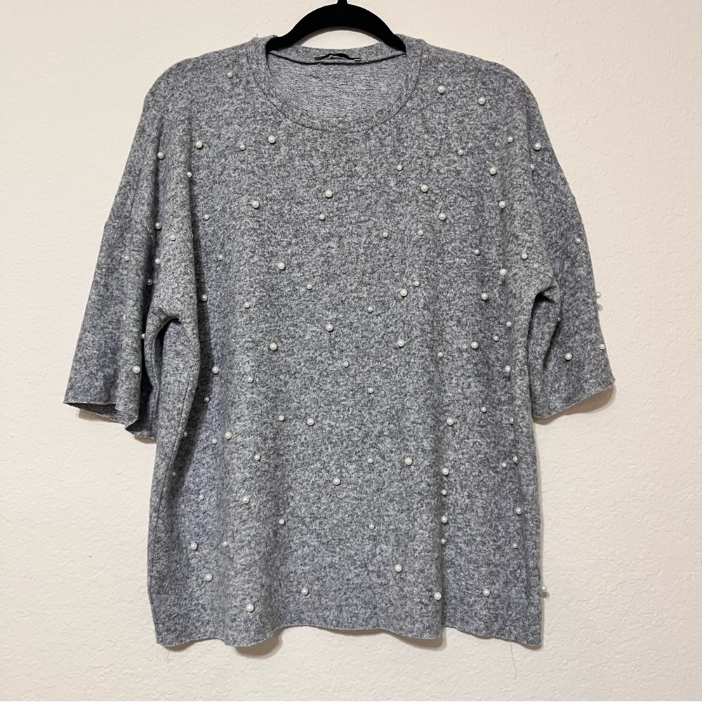 Zara Trafaluc Womens Gray Pullover Drop Shoulder Short Sleeve Blouse Top Size S‎